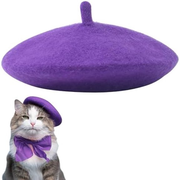 Dog Beret for Small Dogs Cat Doll, Colorful Wool Mini Cap Creative Accessories Costume French Mushroom Artist Fedora Hat Beanies Solid Color Pet Headwear Christmas Hair Accessory Photo Props (Purple)