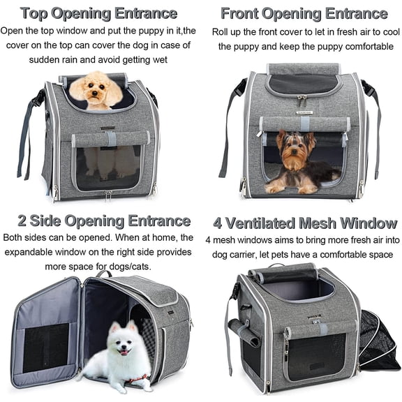 Dog Bike Basket, Expandable Soft-Sided Pet Carrier Backpack with 4 Open Doors, 4 Mesh Windows for Small Dog Cat Puppies - Grey