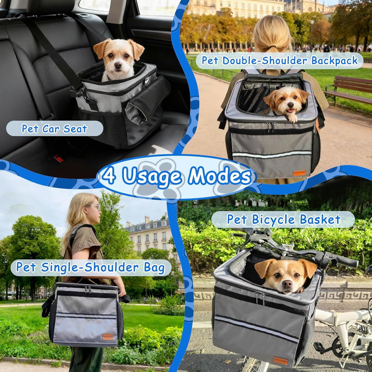 Dog Bike Basket  with Shoulder Strap, Breathable Pet Backpack for Small Dogs Cats Under 15lb, Gray Oxford Cloth Travel Bag with Rain Cover and Accessories