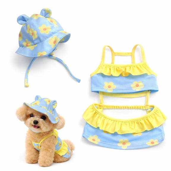 Dog Bikini Swimsuit with Matching Sun Hat,Ruffle Puppy Bathing Suit for Small Dogs, Cute Summer Beach Pool Party Outfit.