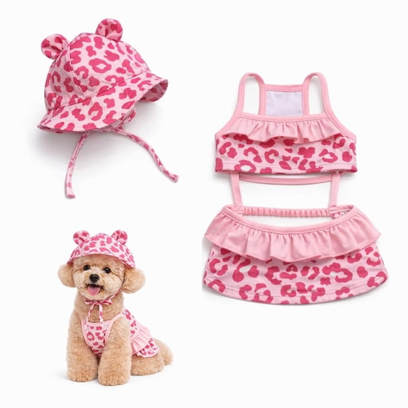 Dog Bikini Swimsuit with Matching Sun Hat,Ruffle Puppy Bathing Suit for Small Dogs, Cute Summer Beach Pool Party Outfit.