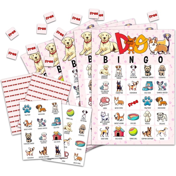 Dog Bingo Card Game for Adults - Puppy Party Supplies, Favors, Pawty Decorations, Dog Lovers Gift - 24 Players, C07