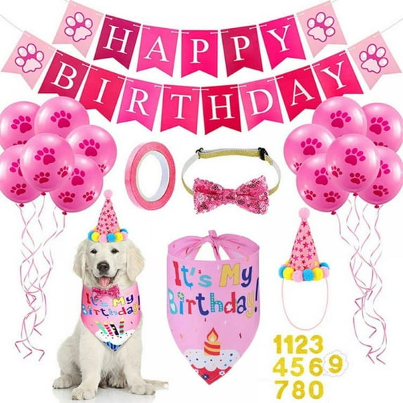 Dog Birthday Bandana Set Dog Birthday Hat Dog Birthday Bandana Scarf Shining Dog Bow Tie Collar Dog Print Happy Birthday Banner and 10 Piece 12 Inch Paw Print Balloon with Tape for Dog