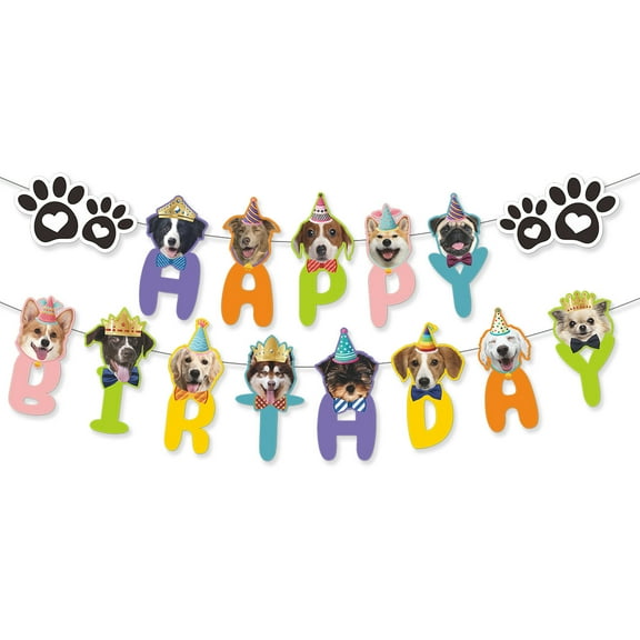 Dog Birthday Banner Party Decoration Colorful Happy Birthday Garland with Cute Dogs & Paw Prints Puppy Party Supplies for Pet Birthday, Dog Themed Celebration, Photo Booth Backdrop