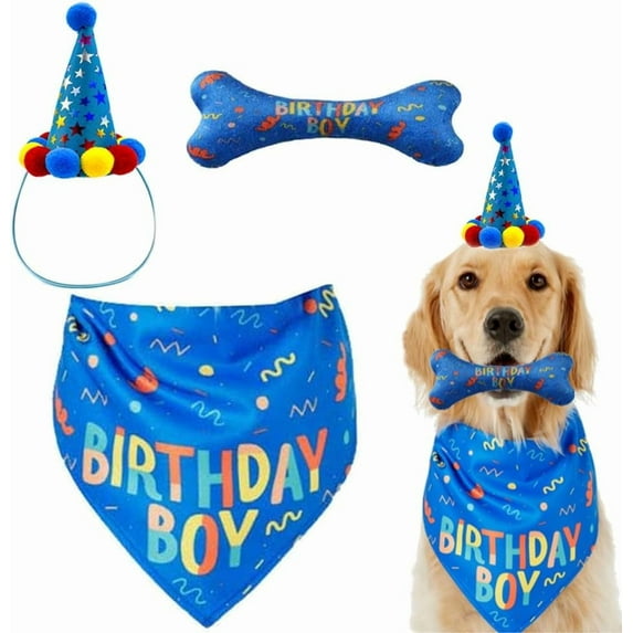 Dog Birthday Boy Bandana Hat Toy Set - Pet Party Supplies, Triangle Bibs With Cute Bone Scarf Accessories and Decoration for Large Doggy