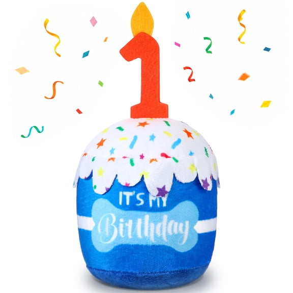 Dog Birthday Cake Toy Accessories for Girl Boy Gifts, OEIKPFN Squeaky Plush Toy for Dog Birthday Party Decor Favor for Large, Medium and Small Dogs (1st,Blue)