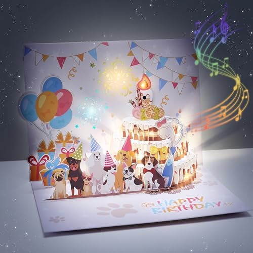 Dog Birthday Cards 3D Pop up Greeting Card with Lights & Woof Music & Blowable Candle Funny Birthday Gifts Card for Dog Lovers Women Men Kids Mom Dad$$Office