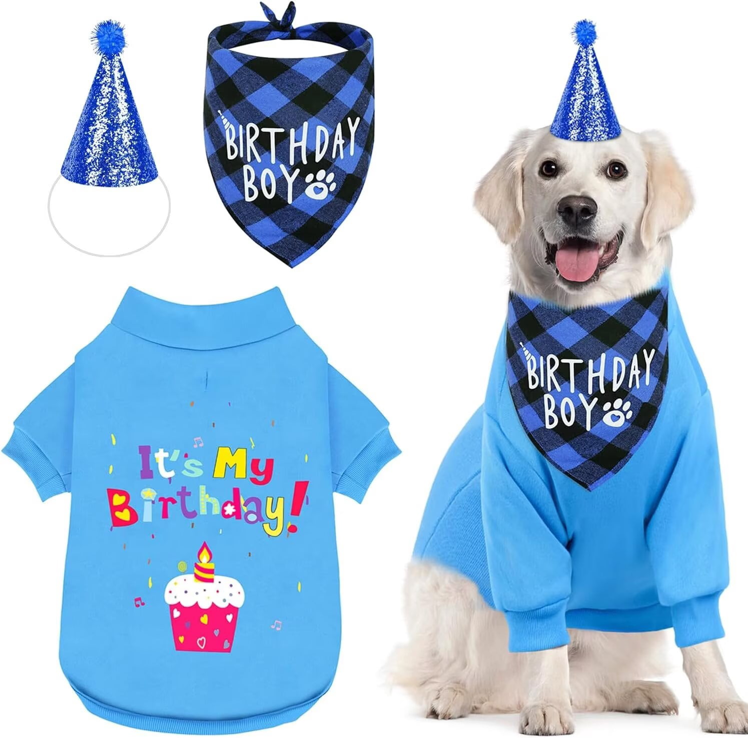 Dog Birthday Gift Set Supplies - Birthday Bandana, Sweater & Party Hat for Small, Medium & Extra Large Dogs Girl and Boy