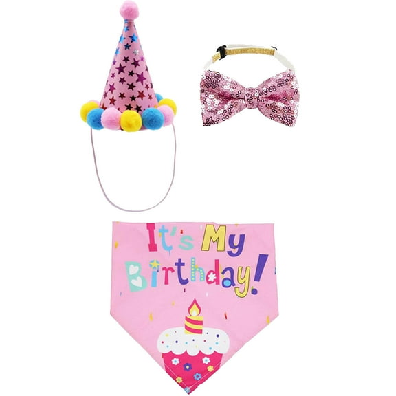 Dog Birthday Outfit Set - Bandana, Hat & Bow Tie - Soft Fabric for Parties/Photos - Accessory Set for Small Dogs
