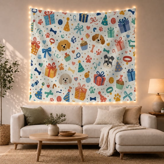 Dog Birthday Party Cartoon Puppies on White Background, Playful Illustration for Pet Lovers, Kids Wall Art Decor, Birthday Gift Tapestry Wall Hanging for Nursery and Playroom