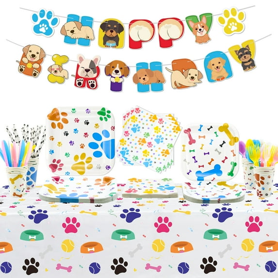 Dog Birthday Party Decorations - Cute Puppy Dog Paw Party Supplies for Doggy, Kids, Birthday Includes Plates, Cups, Napkins, Tableware, Tablecloth, Banner - Serves 20