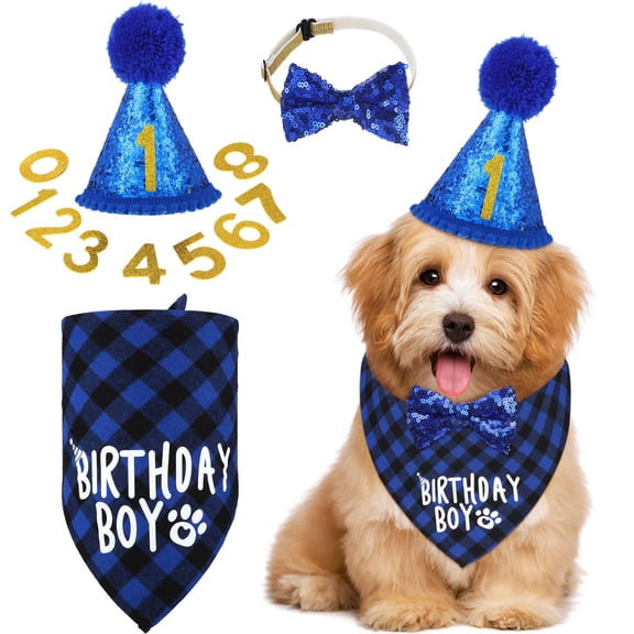 Dog Birthday Party Set, Birthday Bandana Scarf Party Hat Bow Tie Collar with 0-8 Numbers for Small Medium Large Dogs, 1st Birthday Party Supplies, Elegant Style, Blue