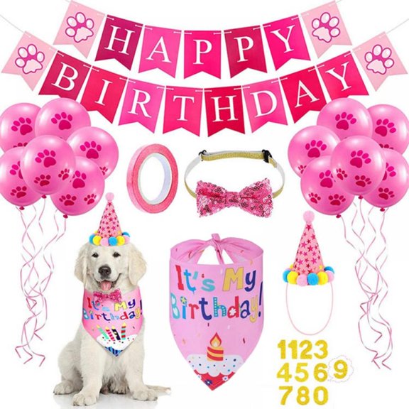Dog Birthday Party Set, Dog Birthday Bandana Triangle Scarf with Cute Dog Birthday Number Hat Dog Birthday Banner for Dog Birthday Party Supplies