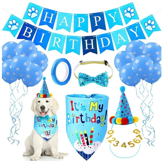 Dog Birthday Party Supplies Decorations Dog Boy Birthday Bandanas Set with Dog Birthday Hat with Birthday Numbers, Scarf, Birthday Banner, Balloons and Bowtie Blue