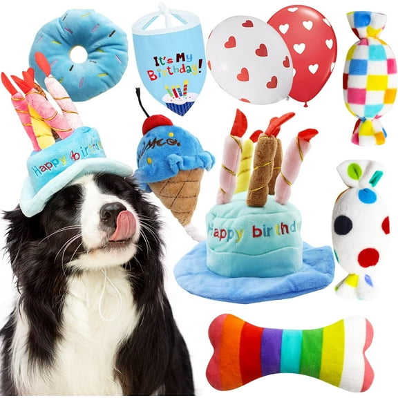 Dog Birthday Toy Set & Decorations for Dogs, Includes Squeaky Cake Hat, Bandana, Dessert Themed Toys, Balloons. Dog Birthday Gift Supplies