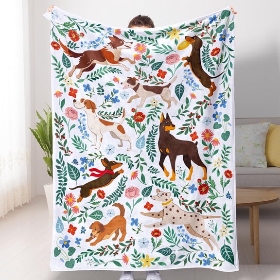 Dog Blanket Ultra Soft Floral Throw Blankets Gifts for Dog Lover Blanket Flower Leaves Flannel Fleece Throw Lightweight Warm Cozy Fuzzy Plus Cabin Blanket for Bed Sofa