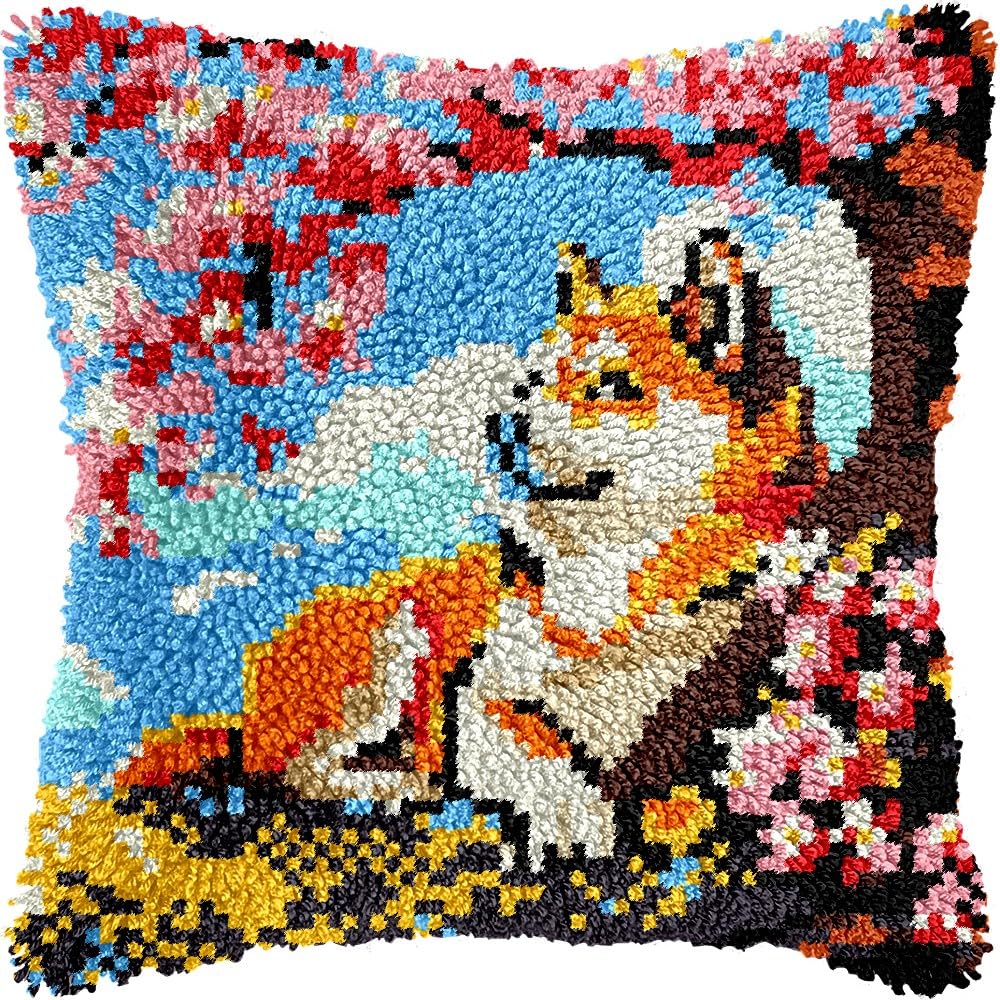 Dog under Blossom Tree Latch Hook Kits Pillow kits Cushion Throw Pillow Embroidery Craft Kits DIY Kits of DIY Hooking Pillowcase Cover Supplier with Color Printed Canvas 43x43cm (156)