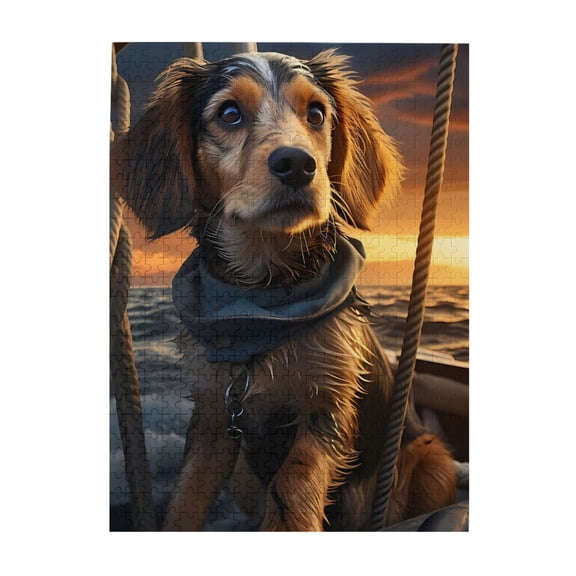 Dog Boat Rope Ocean Sunset Sky 500-Piece Wooden Jigsaw Puzzle for Adults, Fun & Challenging Family Game, Stylish Wall Decor & Holiday Gift