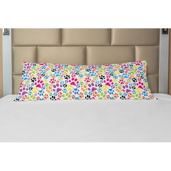Dog Body Pillow Case Cover with Zipper, Colorful Little Paws Steps Childish Artwork Cartoon Unusual Traces Design, Decorative Accent Long Pillowcase, Purple Blue Green, by Ambesonne