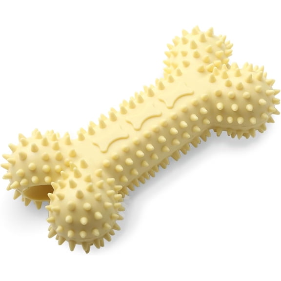 Dog Bone Chew Toy Rubber Teeth Cleaning Toy with Spikes for Puppies & Small Dogs, Interactive Molar Chew Toy (Yellow)