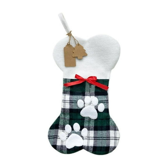 Dog Bone Christmas Stocking with Plaid Design and Paw Print, Pet Holiday Gift Holder, Hanging Decoration for Dogs