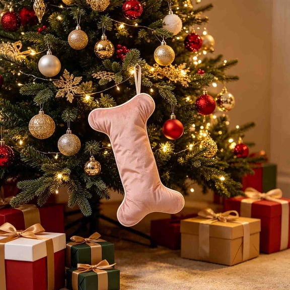 Dog Bone Fleece Christmas Stocking Hanging Decoration, Pink