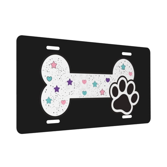 Dog Bone With Paw Print Front License Plate - Rust-Proof Aluminum Vanity Tag, 6x12 Inch Novelty Cover with 4 Holes - Universal Fit for Cars, Trucks, SUVs & Personal Decor ZHXR
