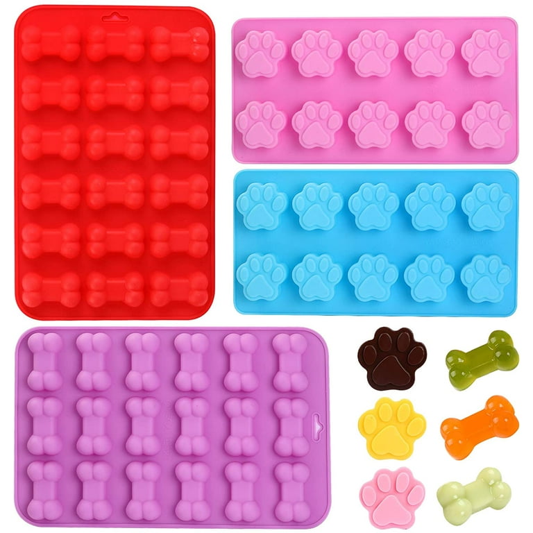 Dog Bone Silicone Molds Dog Treats Molds Paw Print Shaped Chocolate Candy  Soap Mold 4PCS for Homemade Jelly Ice Cube Blue Pink Red Purple 