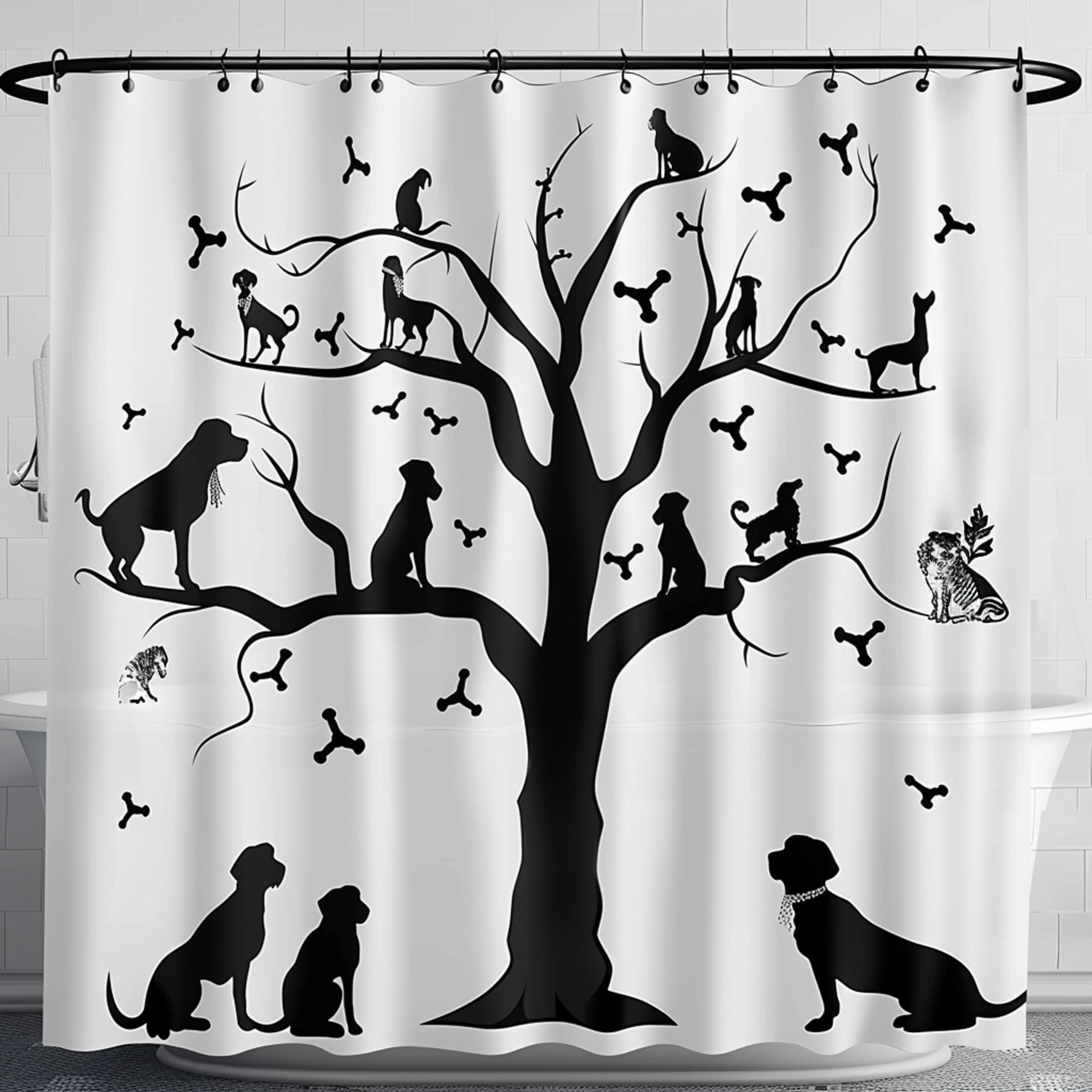 Dog Bone Tree Silhouette Shower Curtain with Dogs Collars and Branches