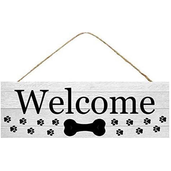 Dog Bone Wooden Welcome Sign - 15" x 5", White & Black, Puppy Paws, Easter, Christmas, Dog Love Decoration, Wreath, Yard Decor