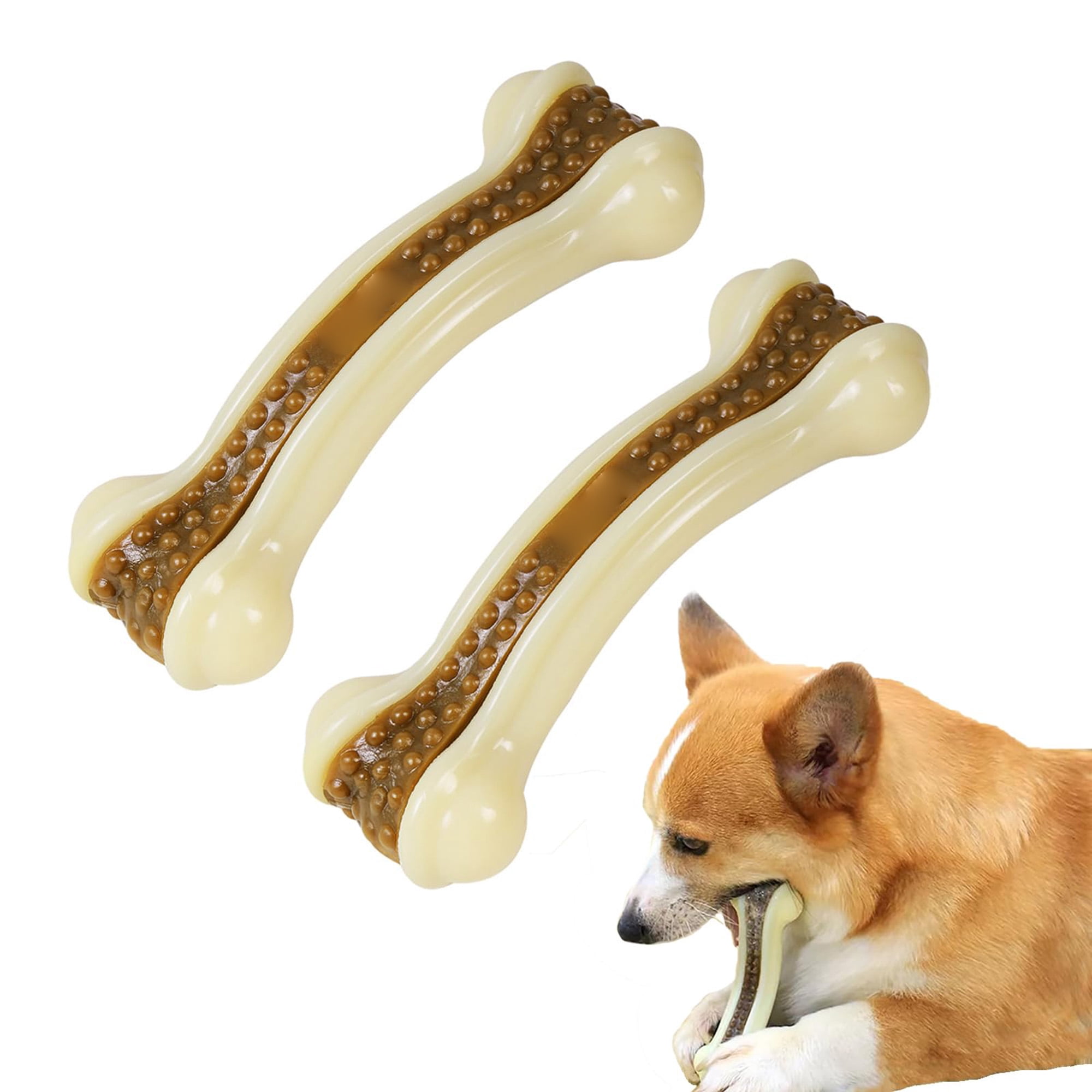 Dog Bones for Aggressive Chewers, 2 Pack Durable Nylon Chew Toys with Real Beef Flavor, Puppy Teething Toys for Small Medium Dogs, Brown