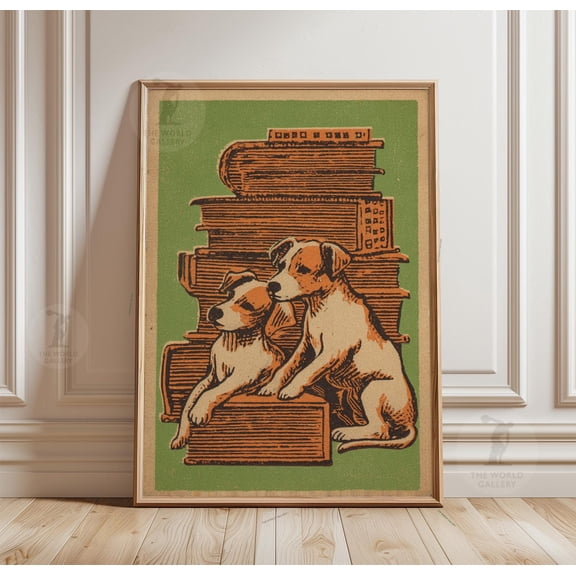 Dog Book Poster Library Wall Art Retro Animal Reading Print
