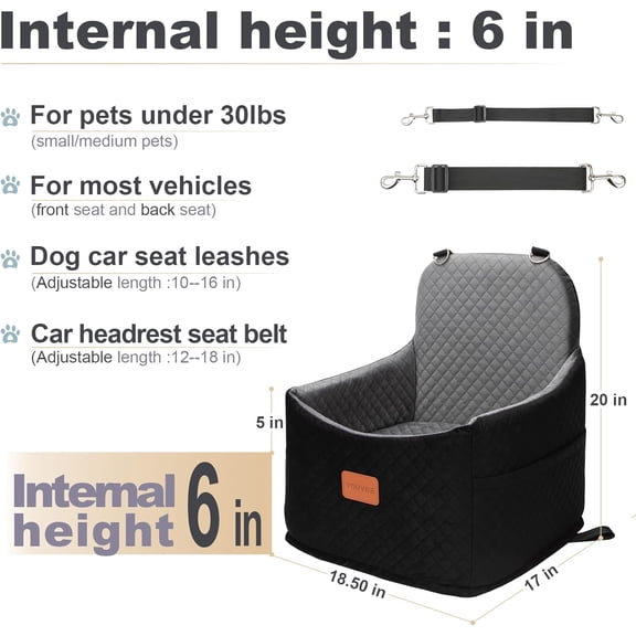 Dog Booster Car Seat - 6" Elevated Pet Car Seat for Small Dogs up to 30 lbs, Comfortable, Storage Pocket (Black Outside, Grey Inside)