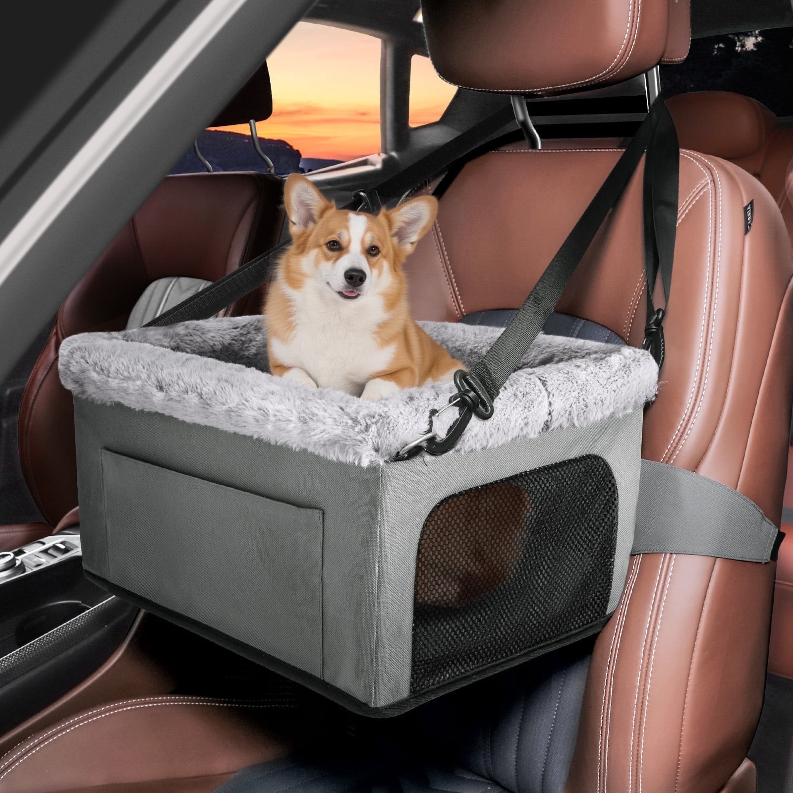 Furlove Small Dog Car Seat, Dog Booster Car Seat, Elevated Puppy Car Seat, Car Seat For Dogs, Pet Car Seat, Up To 20lbs, Gray