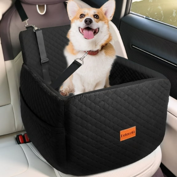 Dog Booster Car Seat for Small/Medium Dogs Up to 35lbs, DOMIPET Pet Car Travel Bed with Storage Pockets & Safety Belt, Elevated Cushion Fully Detachable and Washable