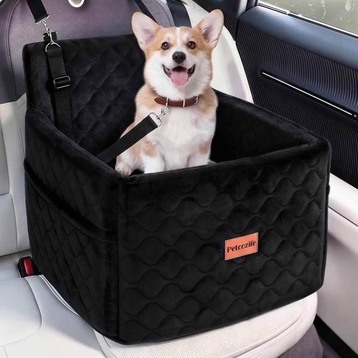 Dog Booster Car Seat for Small/Medium Dogs Up to 35lbs, DOMIPET Pet Car Travel Bed with Storage Pockets & Safety Belt, Elevated Cushion Fully Detachable and Washable