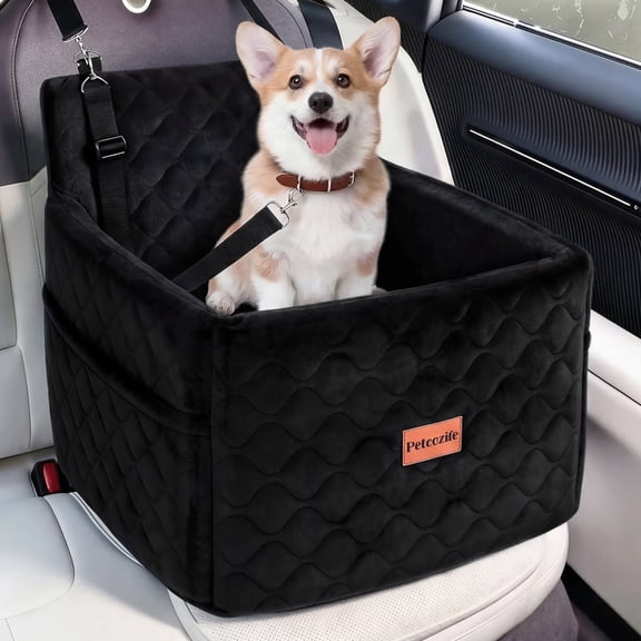 Dog Booster Car Seat for Small/Medium Dogs Up to 35lbs, DOMIPET Pet Car Travel Bed with Storage Pockets & Safety Belt, Elevated Cushion Fully Detachable and Washable