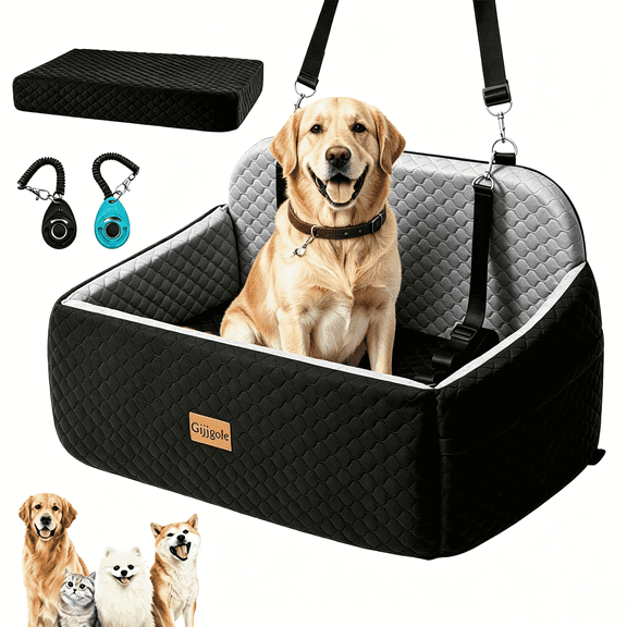 Dog Car Seat for Medium/Large Dogs-Travel Dog Car Bed with Memory Foam, 2 Pet Training Clickers and 2 Safety Leashes, Washable Pet Booster Seat for Dogs up to 55 lbs or 2 Small Dogs, Black