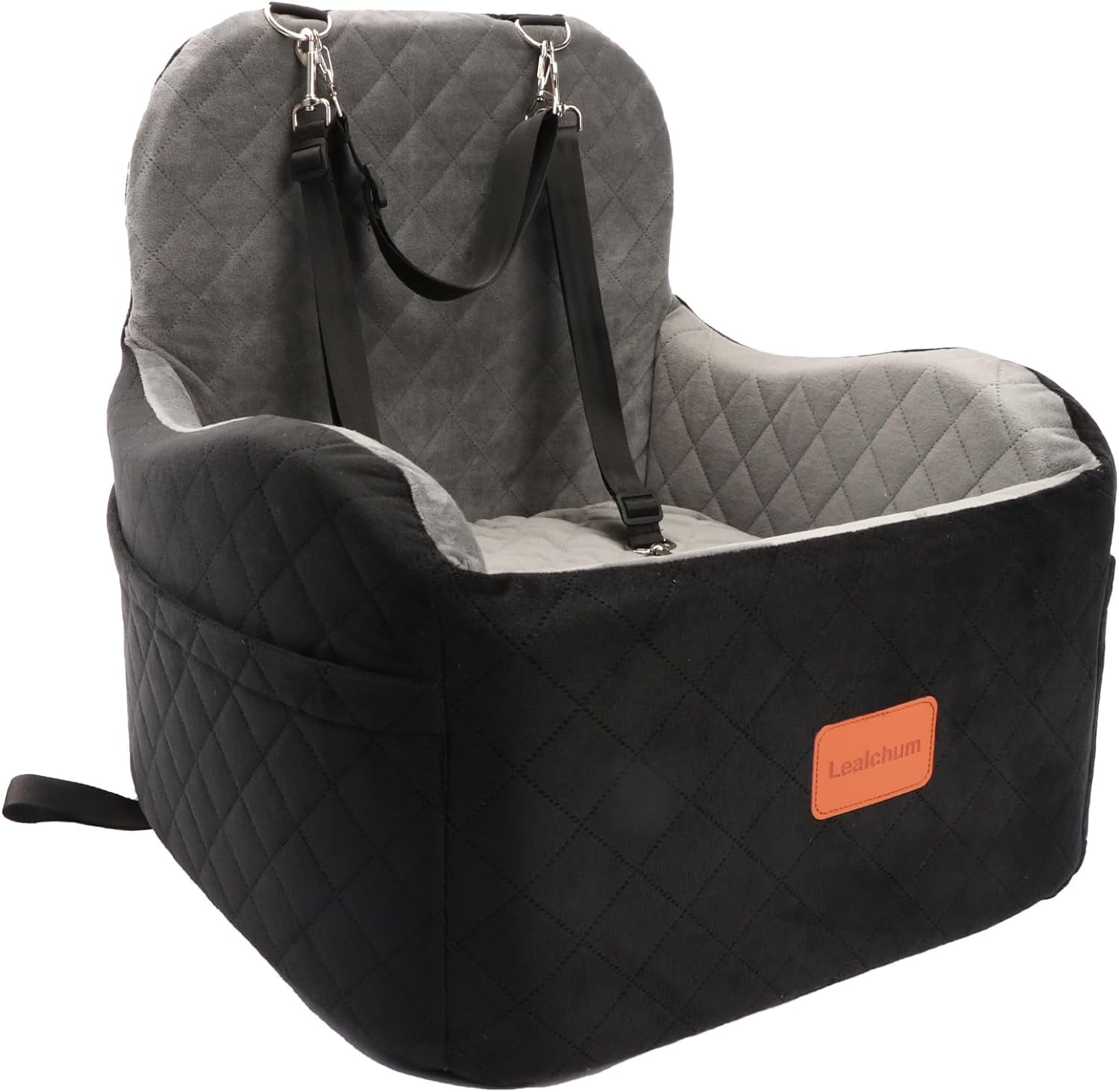 Dog Booster Car Seat for Small/Medium Dogs,Memory Foam Elevated Cushion Car Seat for Dogs,Fully Detachable and Washable Pet Portable Car Seat With 2 Clip-On Safety Leashes(Black/Grey)