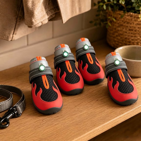 Dog Boots Light Up Reflective Pet Footwear with Flame Pattern Adjustable Strap Non Paw Protector for Small Medium Large Dogs Night Outdoor Walking S