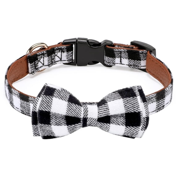 Dog Bow Tie Collar, Adjustable Plaid Gingham Pet Collar with Removable Bow, Soft Comfortable Puppy Collar for Small Dogs, Secure Buckle Design for Leash, Perfect for Weddings Parties Photos, Black