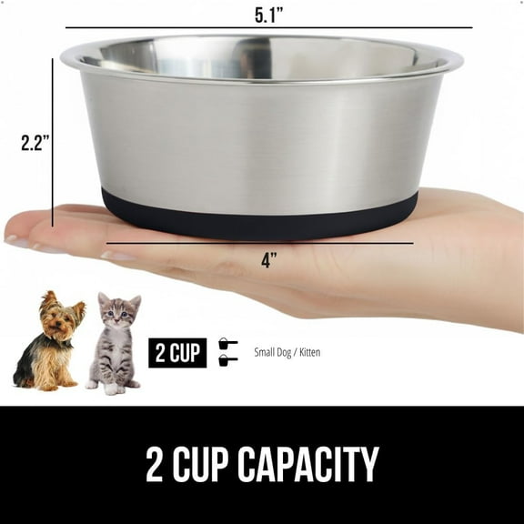 Dog Bowl, Holds 2 Cups (16 fl oz), Heavy Duty Metal Food and Water Bowl for Feeding Dogs and Cats, Easy Clean, Dishwasher Safe, Rust Resistant Stainless Steel, BPA Free Rubber Base, Black