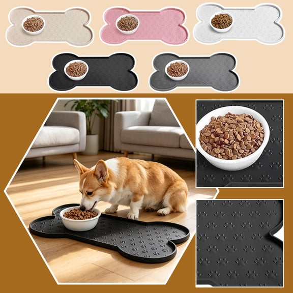 Dog Bowl Mat, 19.5x9.8 Inch Thick Silicone Dog Feeding Mat, Waterproof Leak Resistant Design To Keep Home Floors Clean And Dry (Beige)