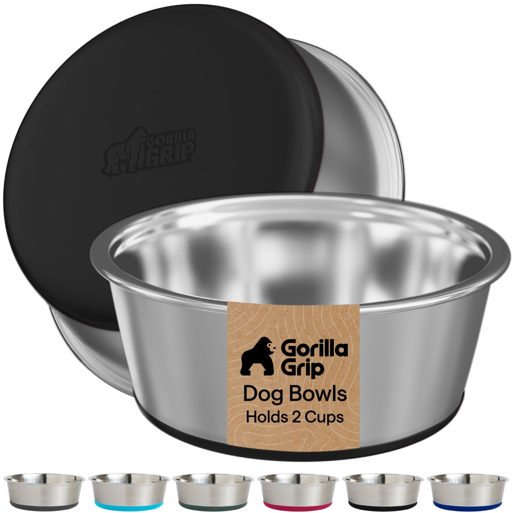 GORILLA GRIP Dog Bowl Set of 2, Food Grade 304 Stainless Steel, Silicone Base, Holds 2 Cups, Black