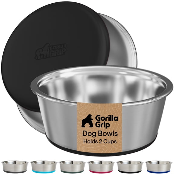 GORILLA GRIP Dog Bowl Set of 2, Food Grade 304 Stainless Steel, Silicone Base, Holds 2 Cups, Black