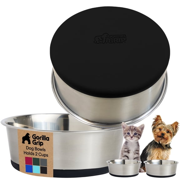 Dog Bowl Set of 2, Heavy Duty Stainless Steel Bowls by GORILLA GRIP, Holds 2 Cups, Black