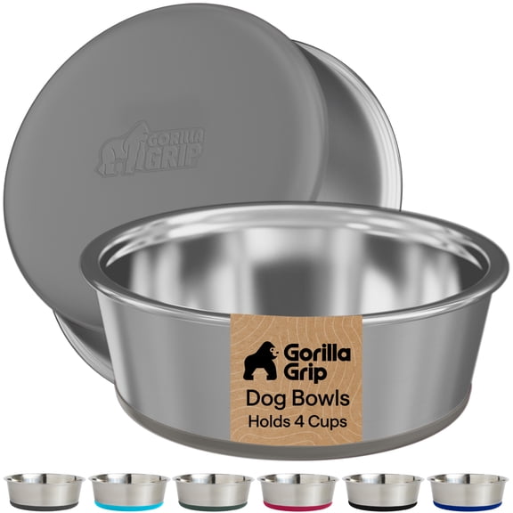 GORILLA GRIP Dog Bowl Set of 2, Holds 4 Cups, Food Grade 304 Stainless Steel, Silicone Base, Gray