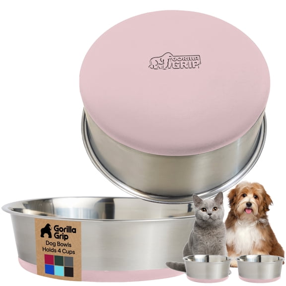 Dog Bowl Set of 2, Heavy Duty Stainless Steel Bowls by GORILLA GRIP, Holds 4 Cups, Light Pink