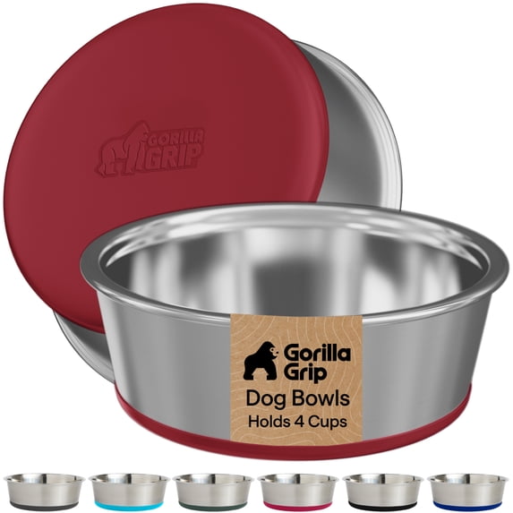 GORILLA GRIP Dog Bowl Set of 2, Holds 4 Cups, Food Grade 304 Stainless Steel, Silicone Base, Red