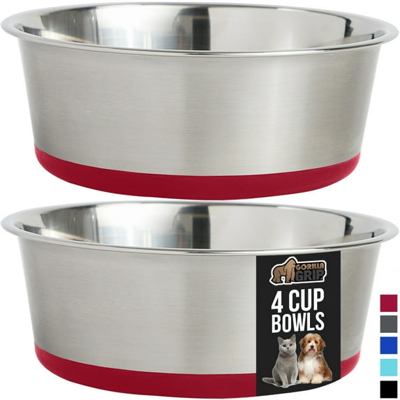 Dog Bowl Set of 2, Heavy Duty Stainless Steel Bowls by GORILLA GRIP, Holds 4 Cups, Red